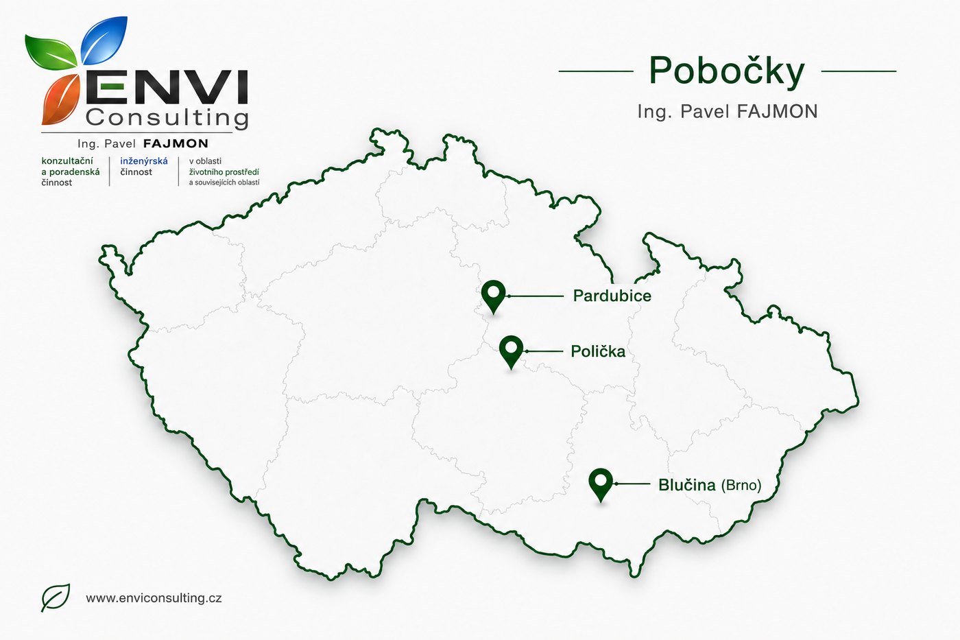 Mapa České republiky s vyznačenými pobočkami: Pardubice, Polička a Blučina u Brna